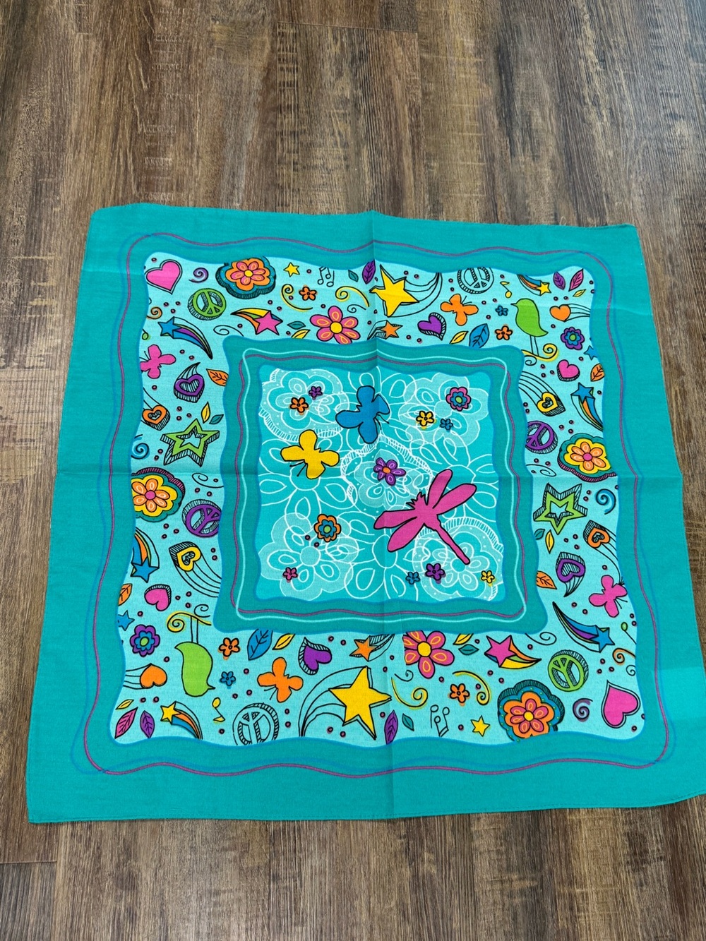 Little Brownie Girl Scout Turquoise Kids Bandana with Colorful Dragonfly Flowers